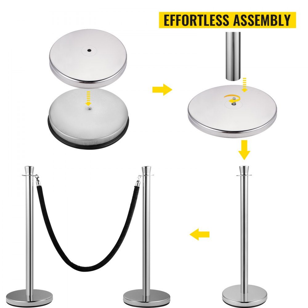 2 piece crowd control stake set with 1.5m black velvet rope, silver crowd control barrier with sturdy concrete and metal base - easy to assemble