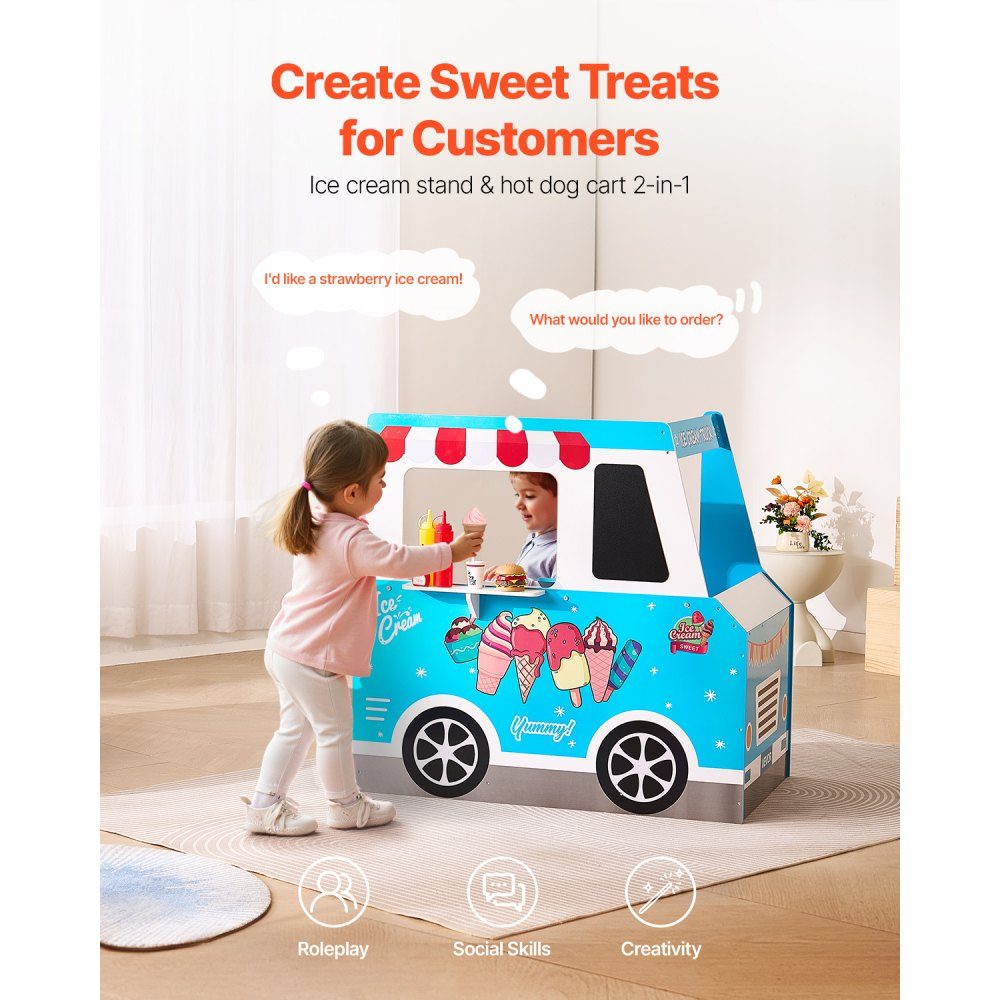 Chariot à glaces pour enfants, plus de 20 accessoires, glacier en bois avec volant et planche, scanner de paiement et congélateur, robinet et évier, adapté aux enfants de 3 à 7 ans, bleu