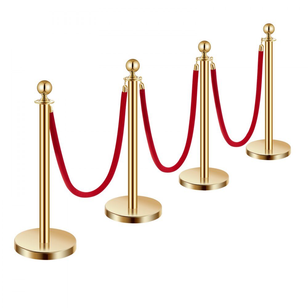 Afzetpalen (4 stuks) voor crowd control met 3 rood fluwelen touwen (1,5 m lang), RVS slagboomstandaard met hervulbare voet voor tentoonstellingen Golden
