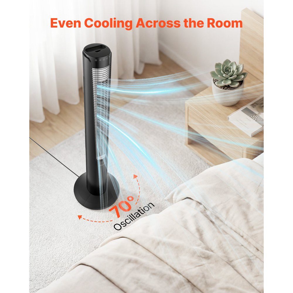Torenventilator van 60 W, kolomventilator van 107 cm met 3 snelheden, 4 modi, 12-uurs timer, 70 ° oscillerende ventilator met afstandsbediening, stille voetstukventilator voor slaapkamer, kantoor, zwart