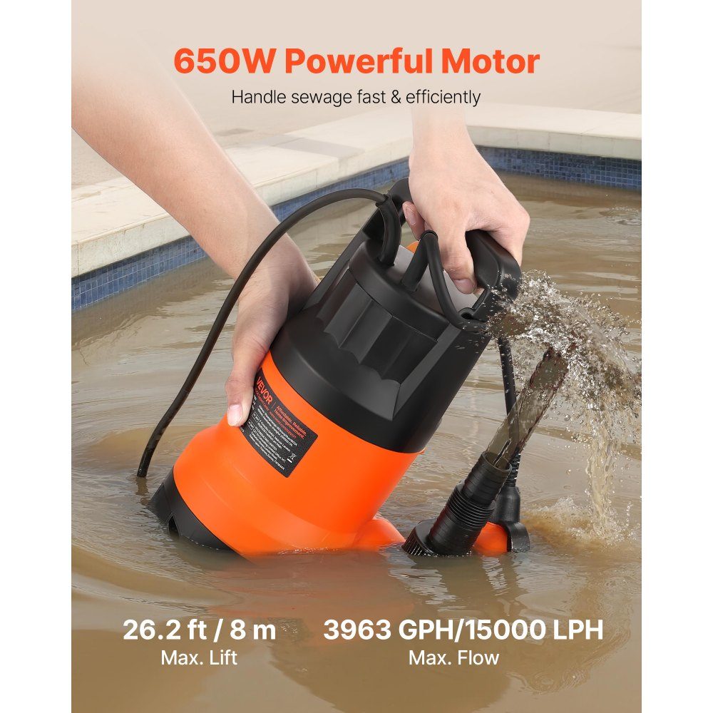 650W submersible pump, 15000L/h, PP-GF20 dirty water pump for wastewater, dirty water & pure water with automatic float switch, 8m delivery height, for pools, ponds, flooded areas