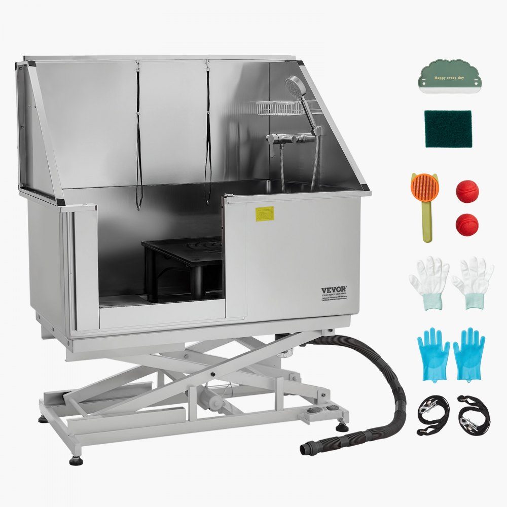 Electric Dog Washing Station with Lift Function, 50" Pet Grooming Tub with PE Water Filter Plate, Faucet and Shower Head, Dog Bathtub, Multi-Pet Sink (Left Door)