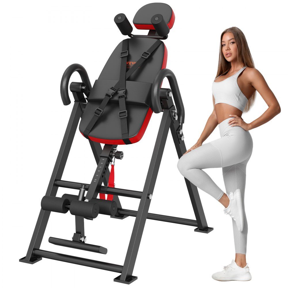 Inversion table, inversion bench, 136 kg load capacity, multifunctional back trainer, folding strength training device with headrest, ankle lock, adjustable protective belt, red + black