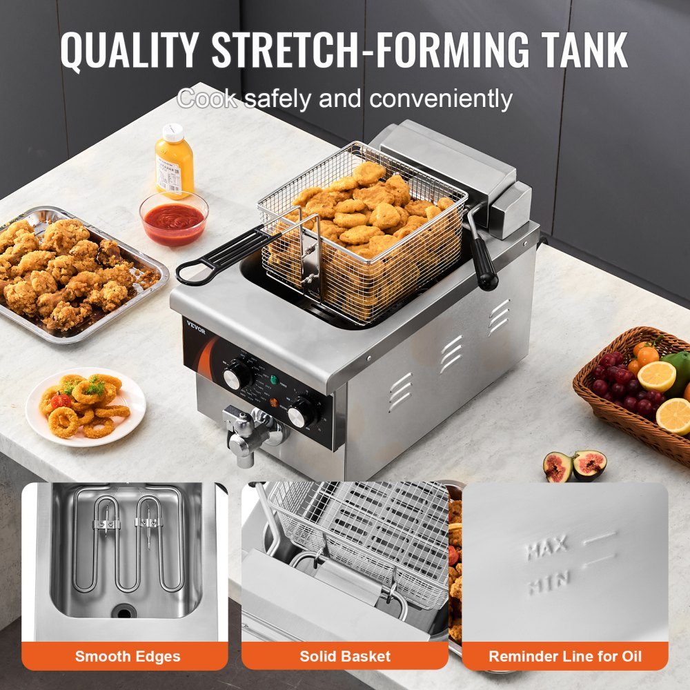 Commercial Deep Fryer, 3000W Electric Countertop Fryer with Basket, 5.9L Single Oil Fryer, Thickened Stainless Steel, Time and Temperature Control, for Kitchen, Restaurant, Cafe, Restaurant, Silver