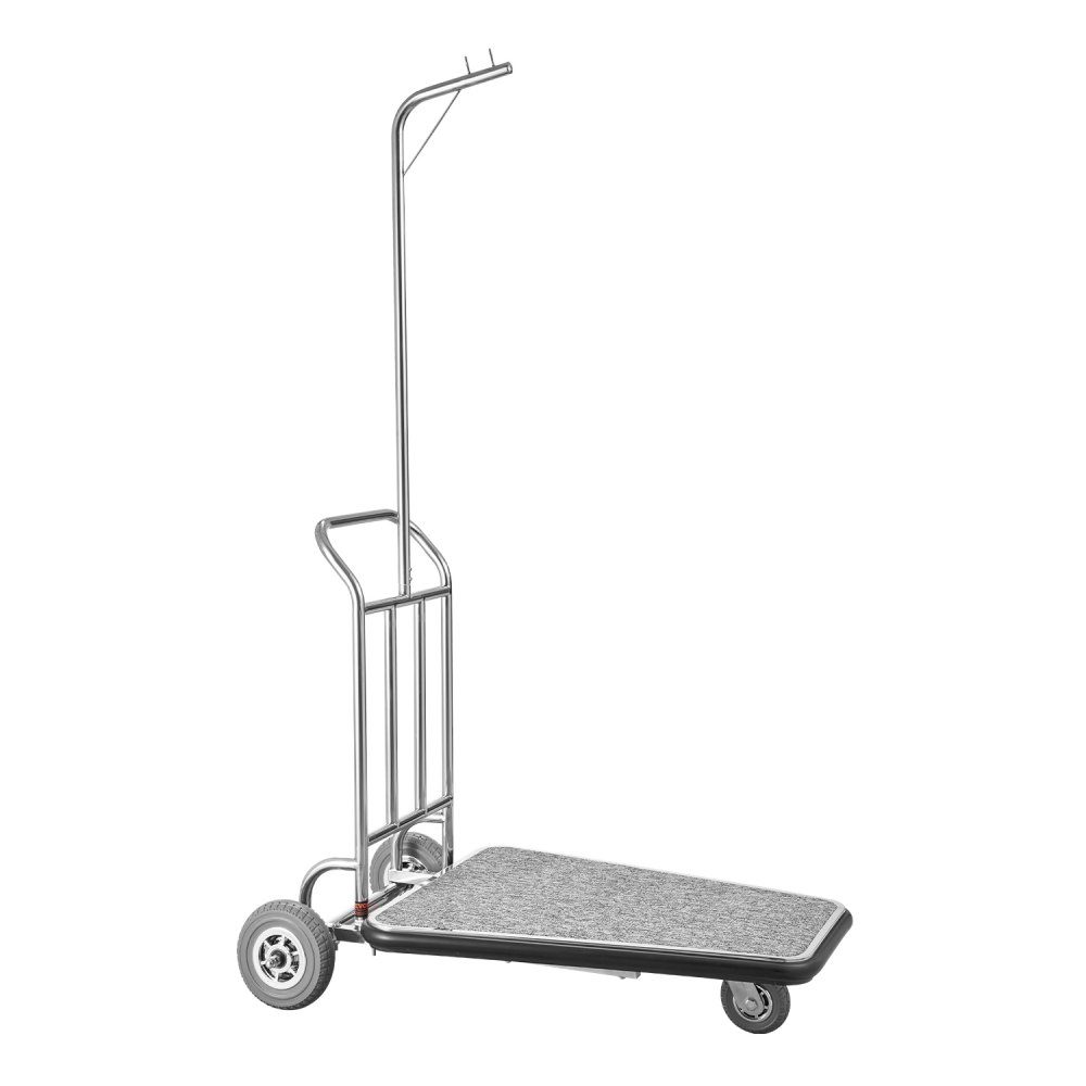 Bagagewagen, capaciteit 272 kg, roestvrijstalen bagagewagen met 3 wielen, bagagewagen met grijze tapijtvloer en rubberen wielen, ideaal voor congrescentra, hotels, huurwoningen, zilver, 1080 x 640 x 1800 mm