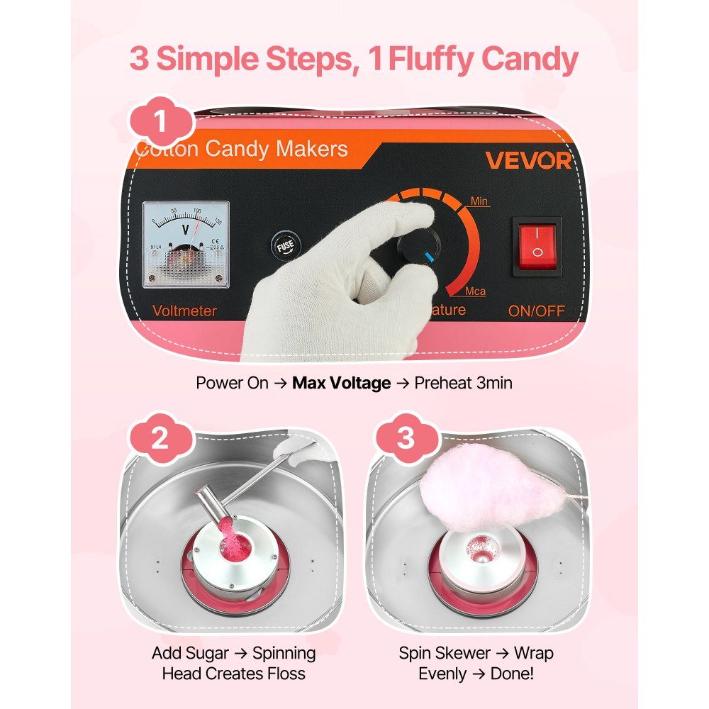 Machine à barbe à papa, machine à barbe à papa électrique 1000 W avec bol en acier inoxydable de 38 cm et cuillère à bonbons, fait de la barbe à papa pour les anniversaires à la maison, les réunions de famille, rose, 3500 tr/min – Réf. HT-23877
