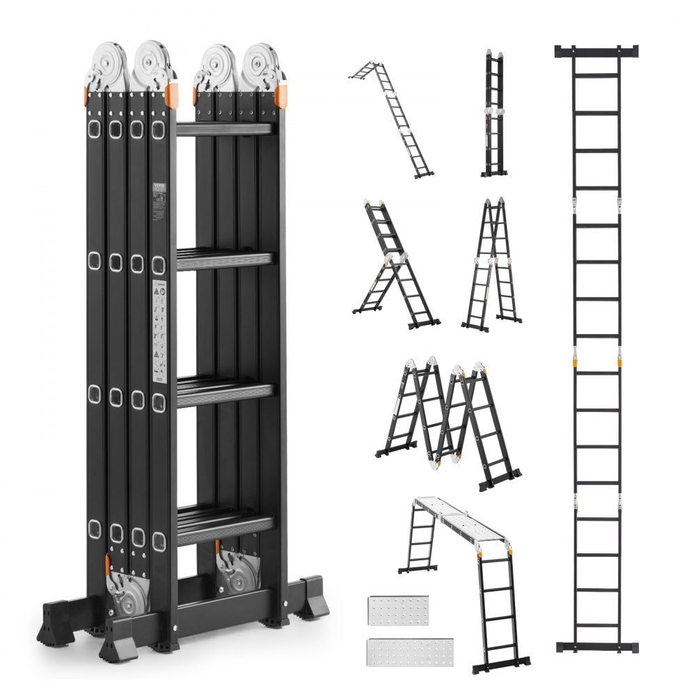 Mehrzweckleiter, 7-in-1-Multifunktionsleiter, A-Rahmen mit 4 Stufen und Gerüstbrett, Teleskopleiter, Leitergerüst 4650 mm, Strapazierfähig, 150 kg Tragkraft, Verwendung im Freien