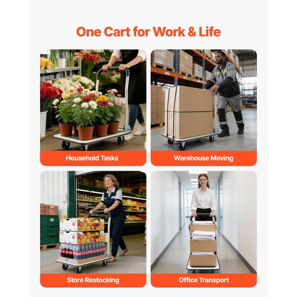 Folding platform trolley 150 kg, transport trolley with swivel castor, hand trolley loading area with anti-slip coating, transport aid for easy storage, 735x480x825 mm trolley