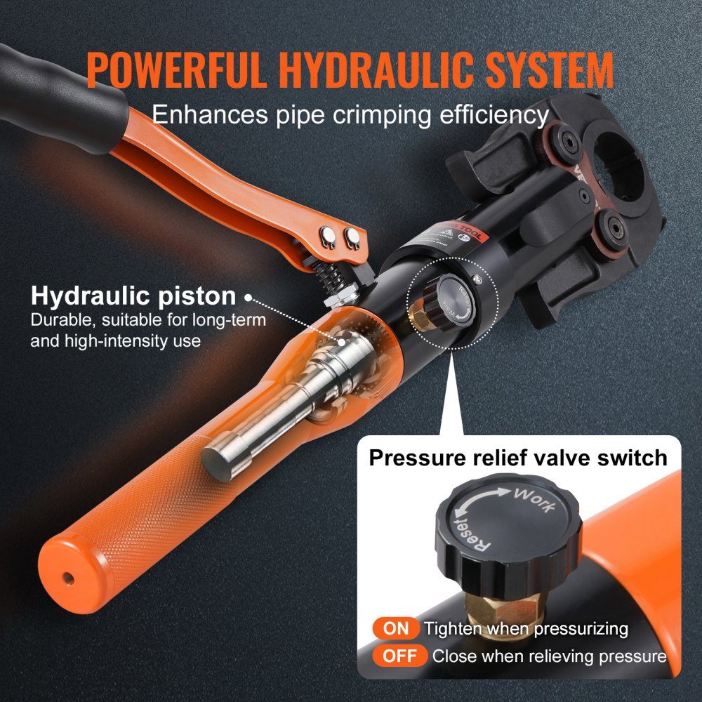 Hydraulic pipe crimping tool for copper pipe connections, pressing pliers with V12, V15, V18, V22, V28 quick-change jaws, 360° rotating press set for T-connections in tight spaces, hydraulically powered