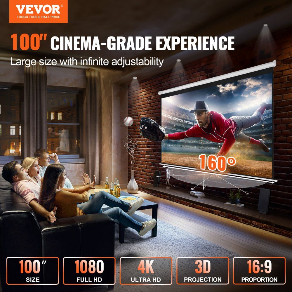 Projection Projector Screen 100" HD 4K Outdoor Indoor Manual Projector Screen Quick Folding Portable Movie Screen 16:9 for Home Theater, Camping and Leisure Events Black