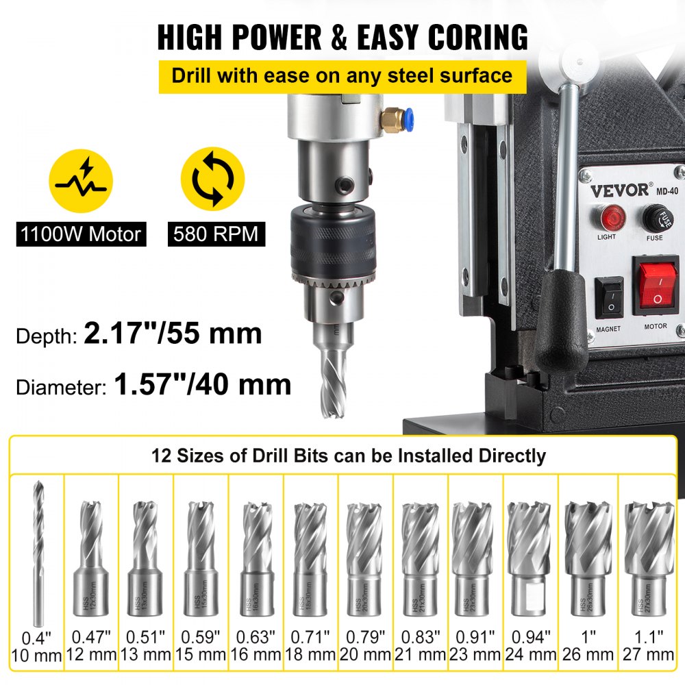 1100W Magnetbohrmaschine Magnetbohrmaschine 12000 N Elektrische Kernbohrmaschine Industriebohrmaschine mit 12 Bohrern, max. Tiefe 55 mm, für Schiffs- und Brückenbau, Stahlbau