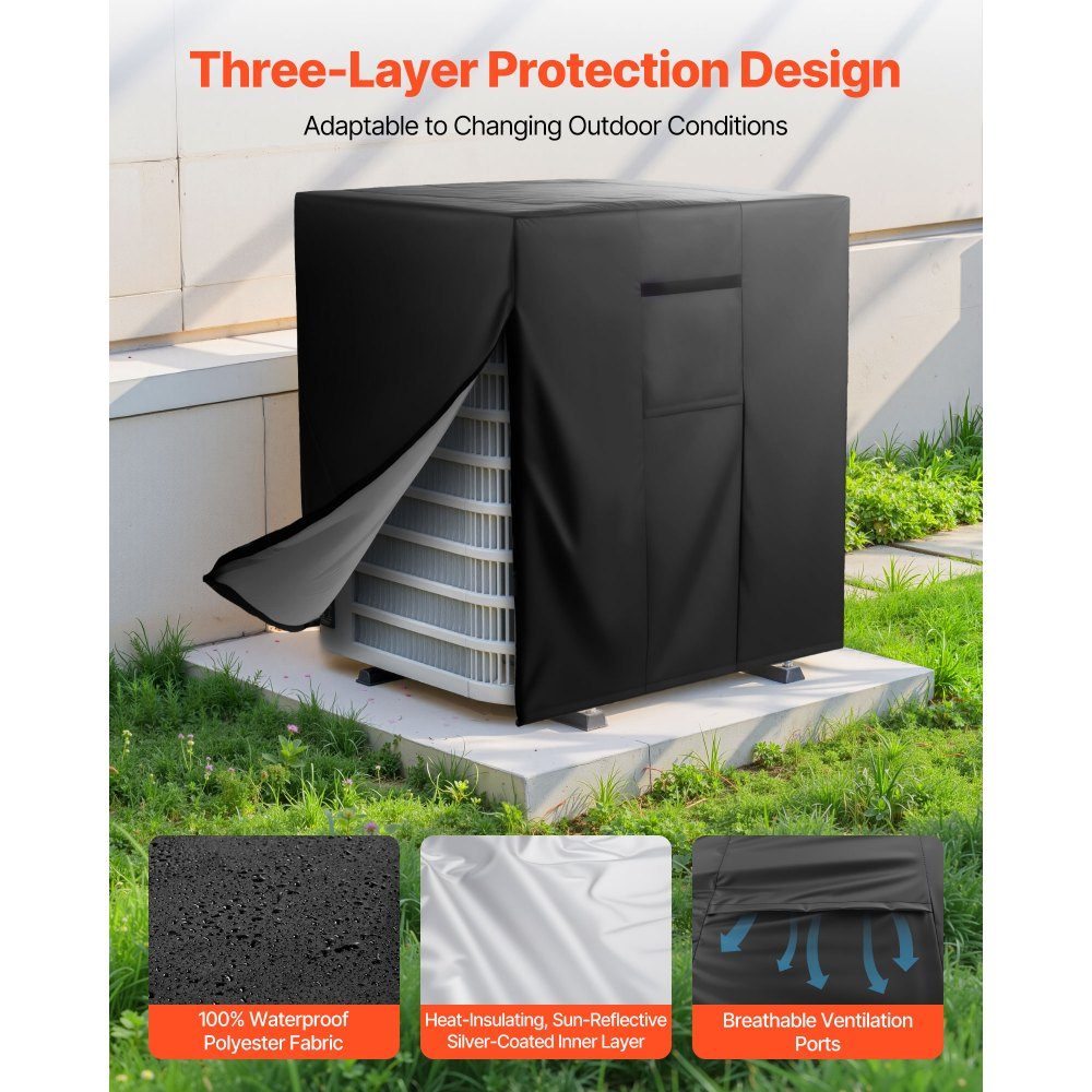 Air Conditioner Cover 762 x 762 x 810mm Triple Layer Waterproof Polyester Fabric Protective Cover Universal Fit Black