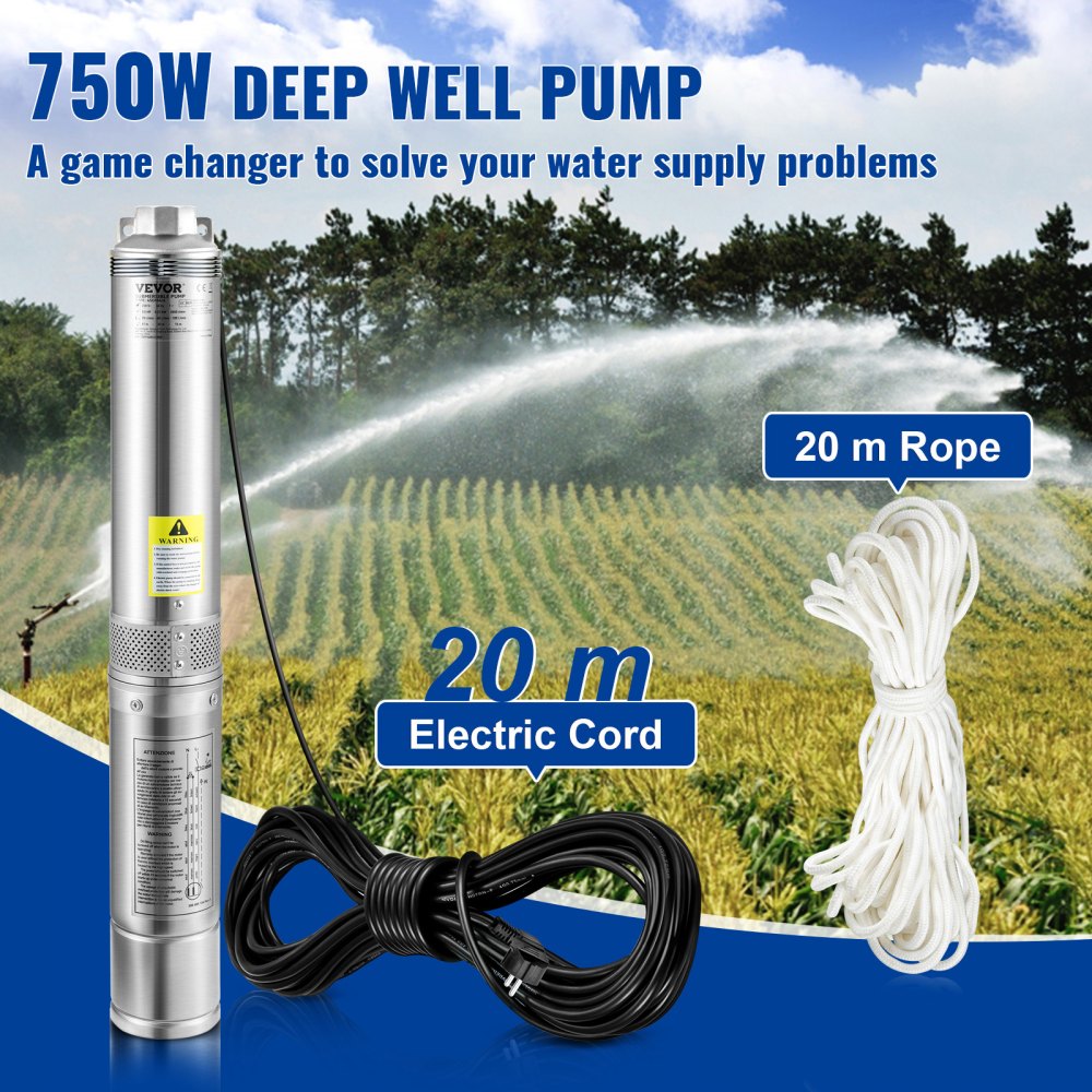 82 mm deep well pump 750W well pump 100L/min submersible pump max. delivery height 66m pipe pump 230V 50Hz sand pump IP68 water pump 16 impeller levels pump Ideal for irrigation or water supply 82 mm deep well pump 750W well pump 100L/min submersible pump max. delivery height 66m pipe pump 230V 50Hz sand pump IP68 water pump 16 impeller levels pump Ideal for irrigation or water supply
