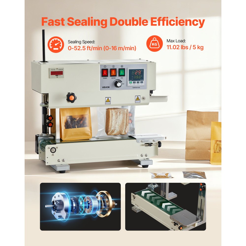 Continu sealmachine, 6-12 mm sealbreedte, verticaal, met roldruk, sealmachine temperatuur en snelheid instelbaar, geschikt voor plastic zakken van 0,03-0,8 mm Continu sealmachine, 6-12 mm sealbreedte, verticaal, met roldruk, sealmachine temperatuur en snelheid instelbaar, geschikt voor plastic zakken van 0,03-0,8 mm