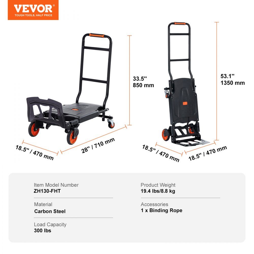 2 in 1 Folding Hand Truck 136kg Load Capacity Transport Trolley Aluminum Alloy Carbon Steel Hand Truck ⇋ Platform trolley for indoor and outdoor loading and transport tasks
