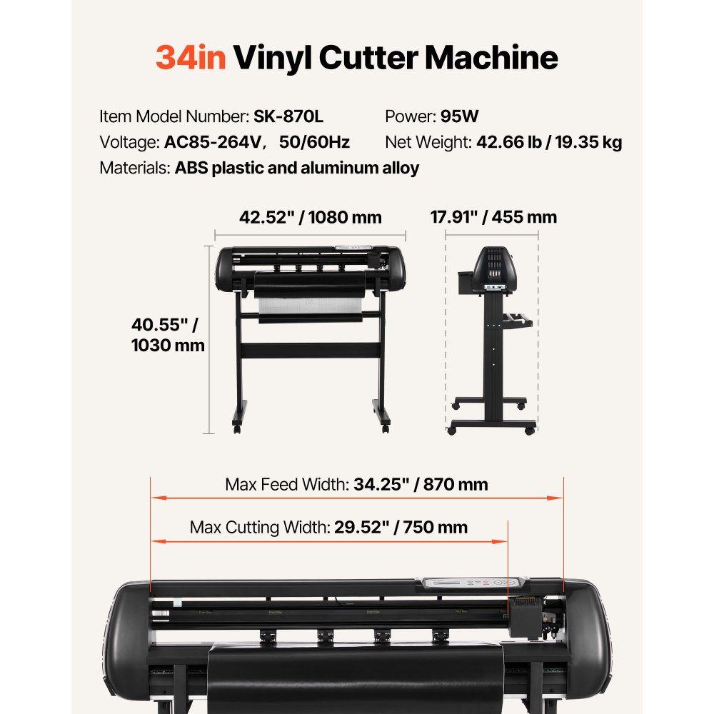 Vinyl cutting machine with 87 cm maximum feed width, double knives and LED display, adjustable vinyl cutting plotter set with sticker sheets, transfer films and Signmaster software