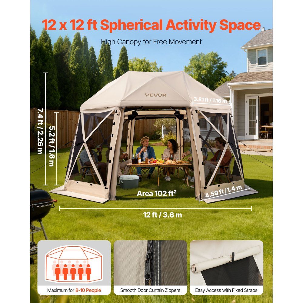 Tonnelle escamotable 3,6 m x 3,6 m, tente de camping sphérique à 13 côtés avec toit amovible et sac de transport, ventilation à 360°, pare-soleil, tente de fête pour 8 à 10 personnes, beige