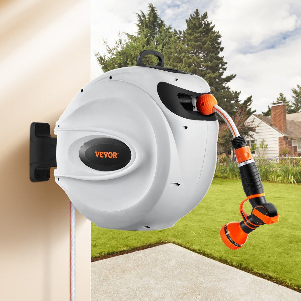 Hose Reel 12mm x 30m Wall Mounted Hose Reel Wall Hose Box with 9 Pattern Nozzle, Automatic Slow Return System and 180° Swivel Bracket