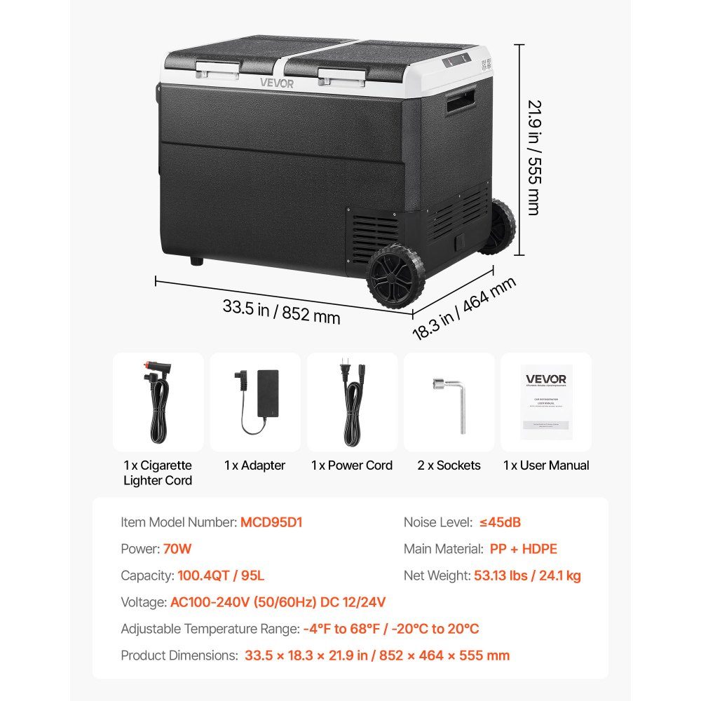 95L Electric Compressor Cooler, 12/24V DC & 100-240V AC, Portable Car Cooler Box with Wheels and Handle, Freezer up to -20°C, Mini Fridge for Car, RV, Truck, Camping and Outdoor