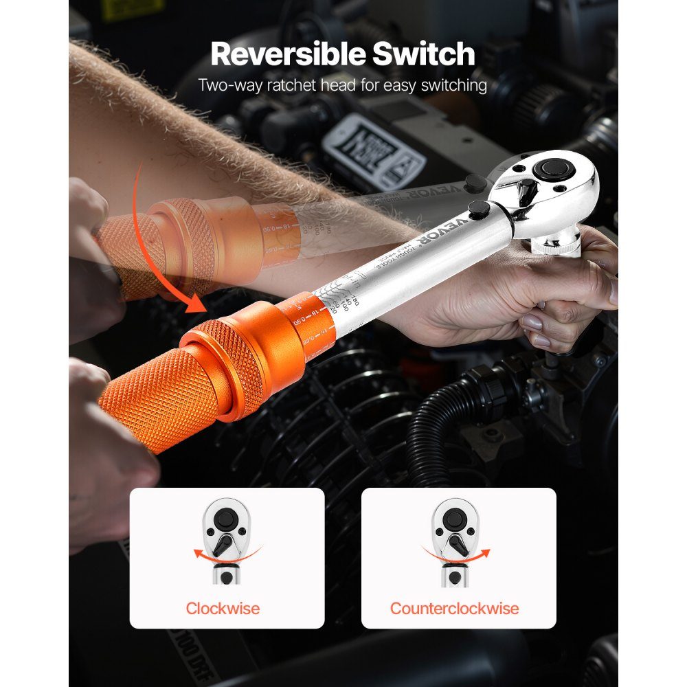 1/4" Drive Click Momentsleutel 2,3-22,6 Nm Tweeweg Momentsleutelset met Dual Range Schalen 72 Tanden ±3% Hoge Precisie Gelegeerd Staal voor Autoreparatie