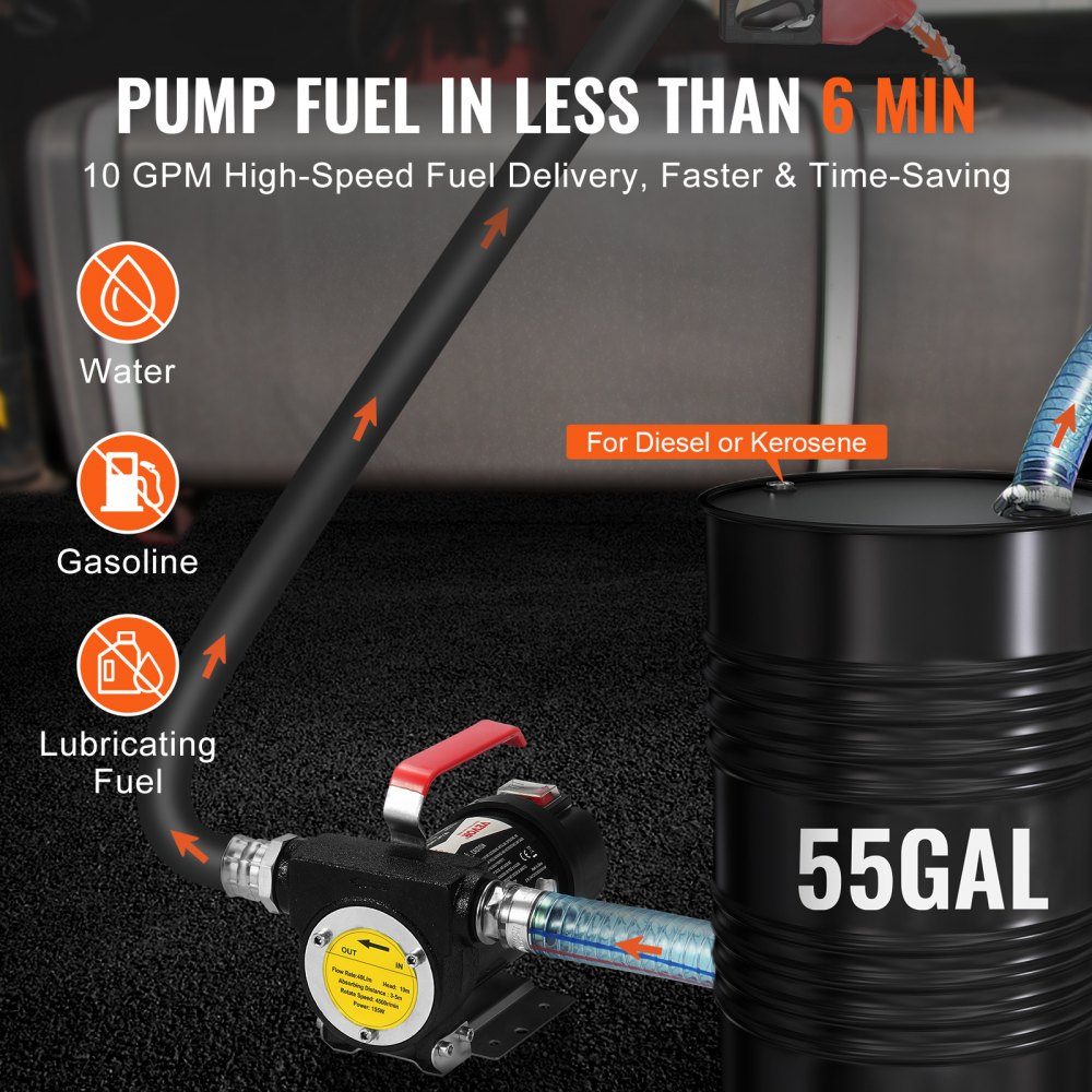 Dieselpomp 12V DC 10 GPM 1/4 HP Automatische pistooluitschakeling Brandstofpomp Hoge stroominlaat- en uitlaatslang voor diesel, kerosine, transformatorbrandstof