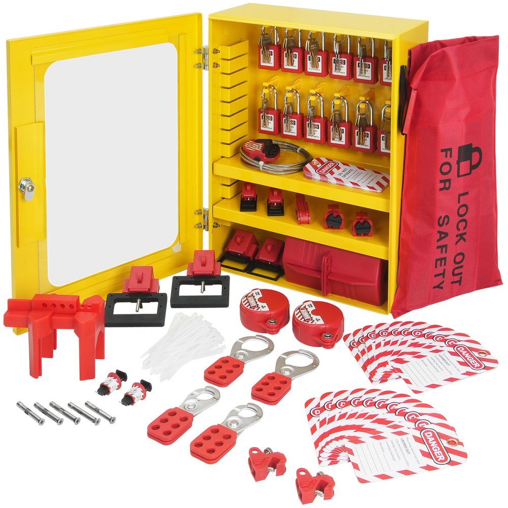 Electric Lockout Tagout Kit, 59 piece security lockout tagout set with padlocks, hasps, tags, cable ties, plug lock and circuit breaker latches