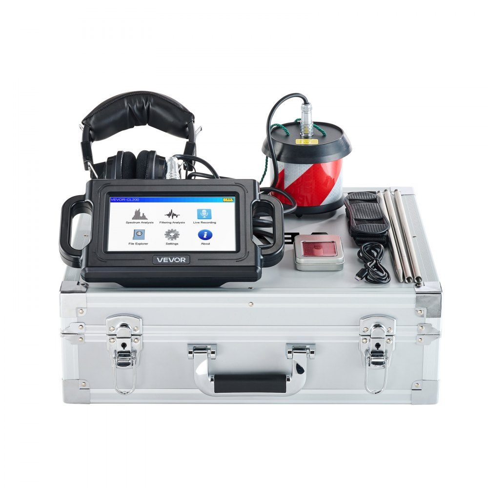 Lekdetector voor pijpwater, 1 Hz-5000 Hz, 7" touchscreen-lekdetector voor pijpen met een diepte van 2 m - met sensor, 3 luisterstaven, hoofdtelefoon, kaart van 8 GB en draagtas