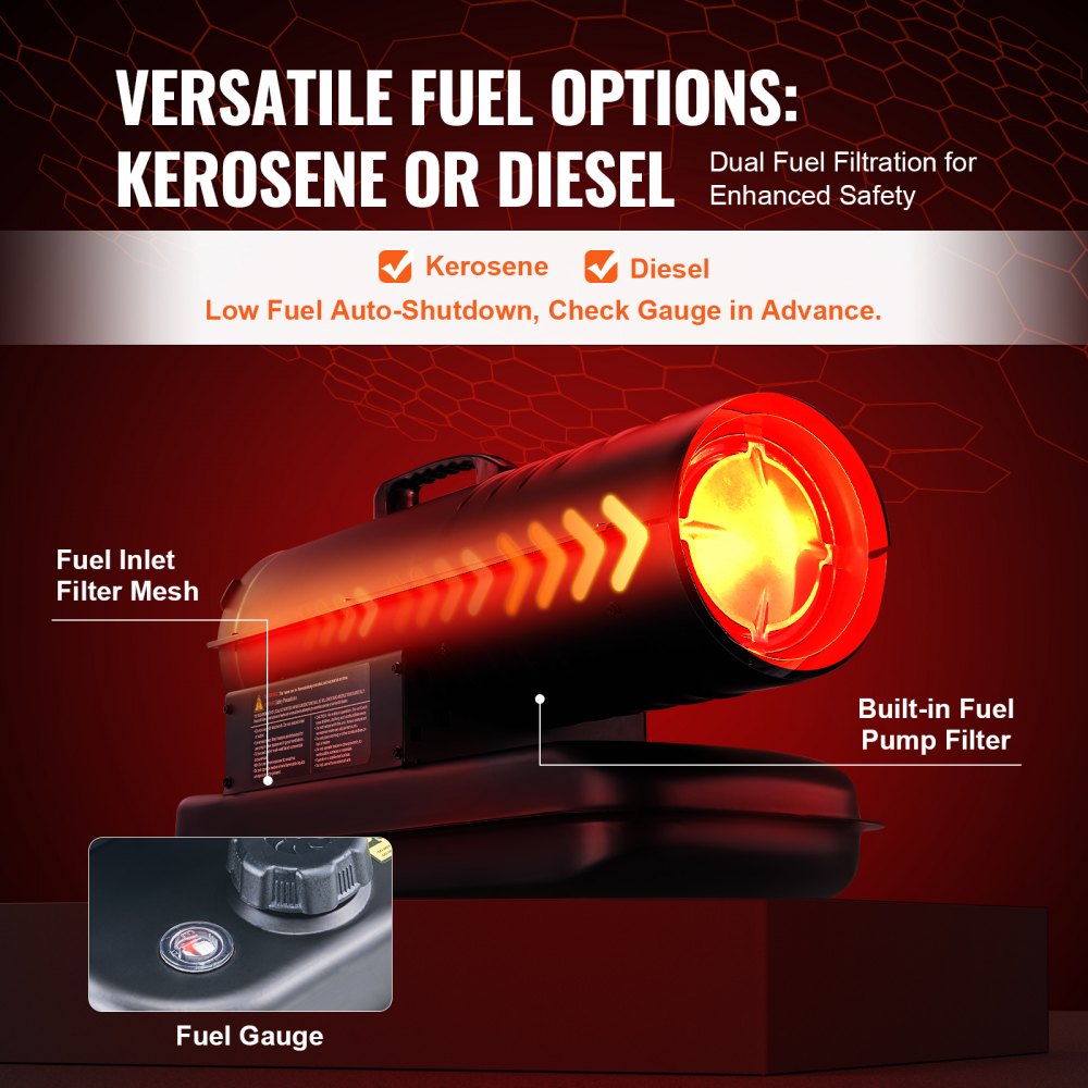 Kerosine/Diesel Heteluchtverwarmer, 70000 BTU Torpedo Ruimteverwarmer, Draagbaar met Thermostaatregeling, 19L Tank, Efficiënte Binnen Buiten Kerosine Verwarming voor Thuis, Bouwplaats, Industrieel, Werkplaatsen, Zwart