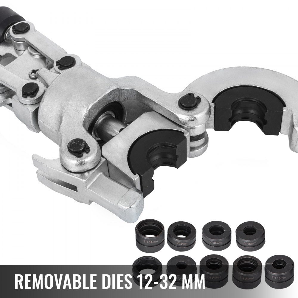 Presszange 12-28 mm Typ V, Crimpzange, Presszange 6 T Presskraft, Rohrpresszange 16-32 mm Typ TH, hydraulische Presszange mit Gummigriff, 360° schwenkbarer Kopf, für PEX-Rohre, PB-Rohre, Kupferrohre