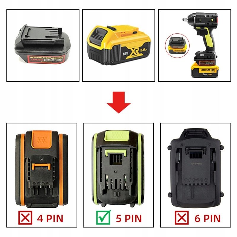 #NEW# Adapter DeWalt XR battery adapter for WORX 20V power tools (5 pins, green batteries).