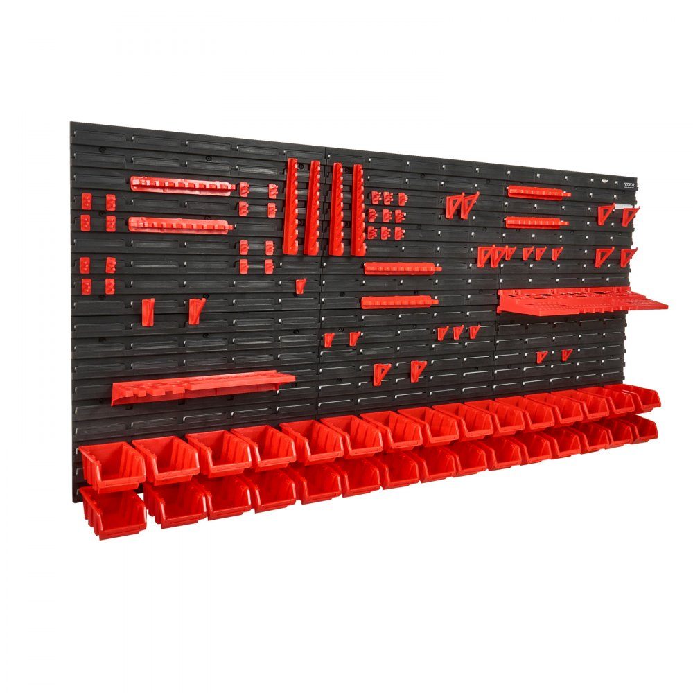 Stacking Boxes, 30 Container Pieces Shelf Organizer for Garage, Plastic Shop Tool with Wall Panels/Tool Holders/Hooks, for Nuts, Bolts, Screws, Nails, Beads, Buttons, Black/Red