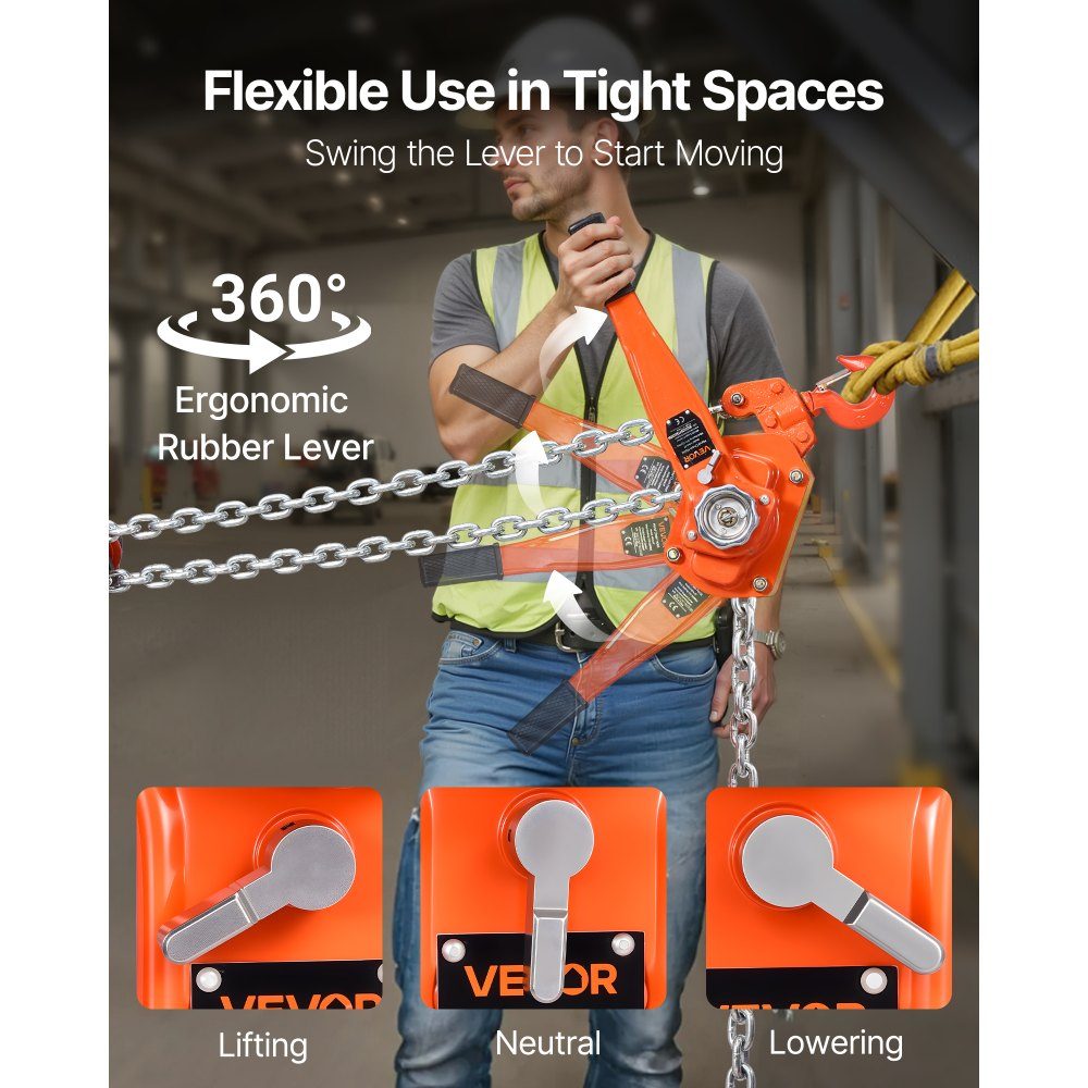 Hefboomtakel Handkettingtakel met capaciteit van 6 ton 6 m lift G80-ketting van gelegeerd staal met mechanische dubbele palrem Rateltakel 360 ° draaibare haken voor magazijnbouwgarage