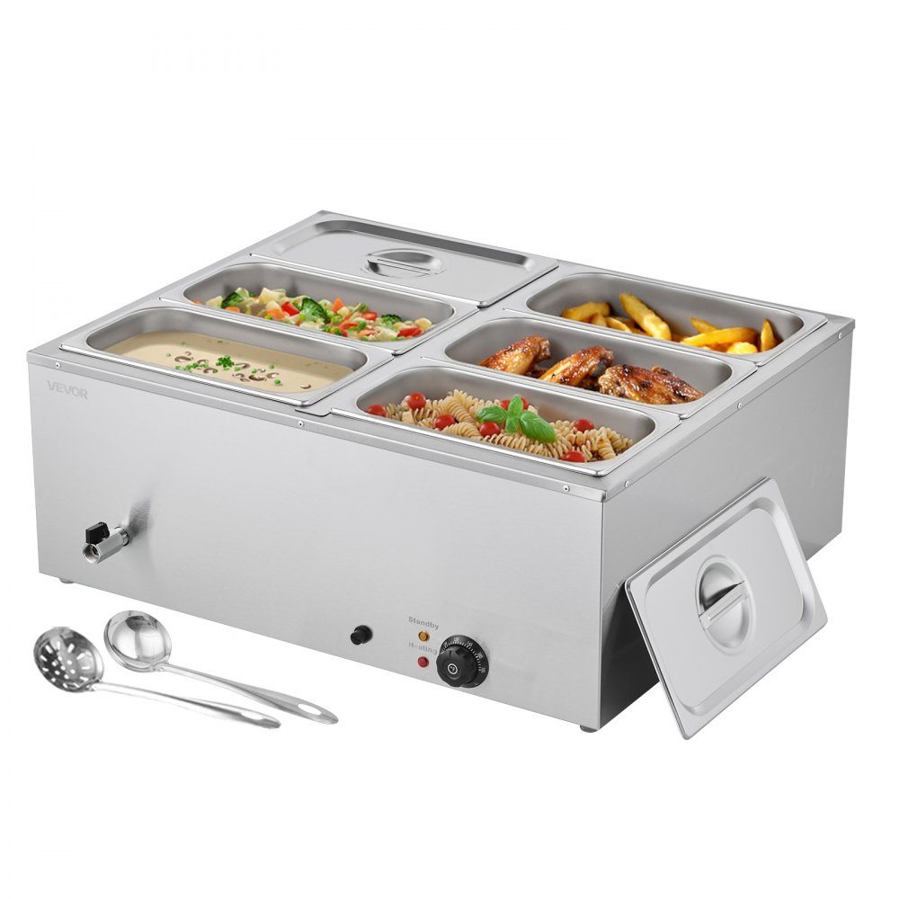 Réchauffeur de nourriture commercial (6 récipients de taille 1/3), récipient chauffant électrique en acier inoxydable de 1,5 kW avec couvercle et louche à soupe, ensemble de réchauds pour restauration, restaurant, fête