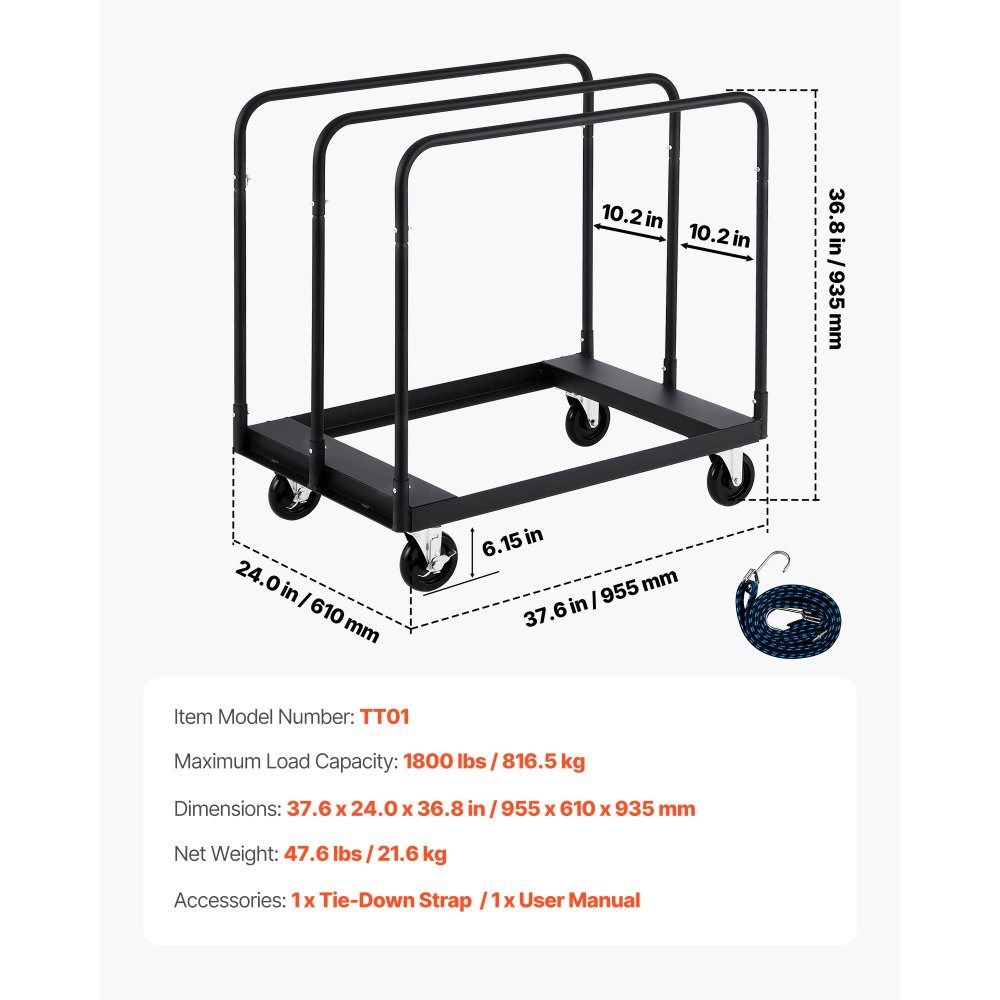 Bordenwagen, 816 kg, transportwagen met 360° zwenkwielen, bordenwagen met sjorband en 3 zijleuningen, bordenwagen, transporthulp voor fabriek, magazijn, garage, zwart, 955x610x935 mm
