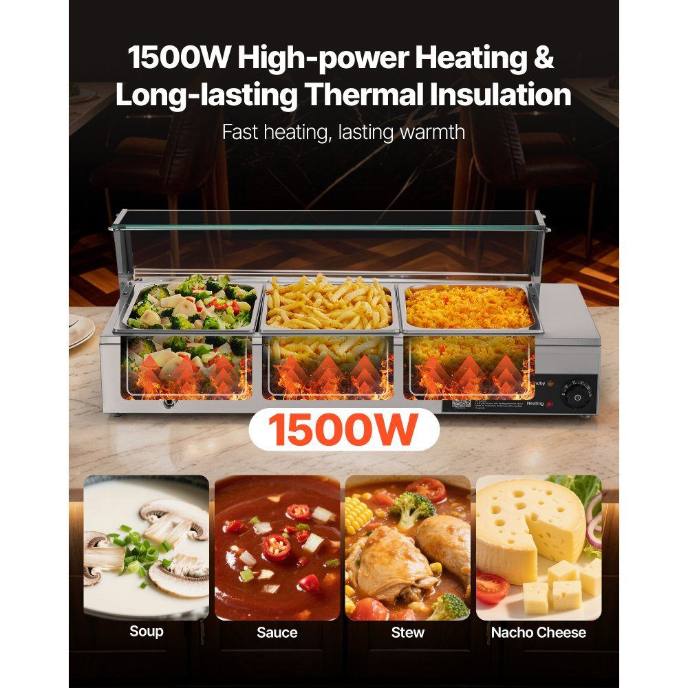 Chauffe-plats professionnel avec couvercle en verre et 3 récipients (taille 1/2) 1,5 kW Réchauffeur de buffet en acier inoxydable, récipient de buffet, bain-marie, station de réchauffement des aliments pour restaurants, fêtes, buffets