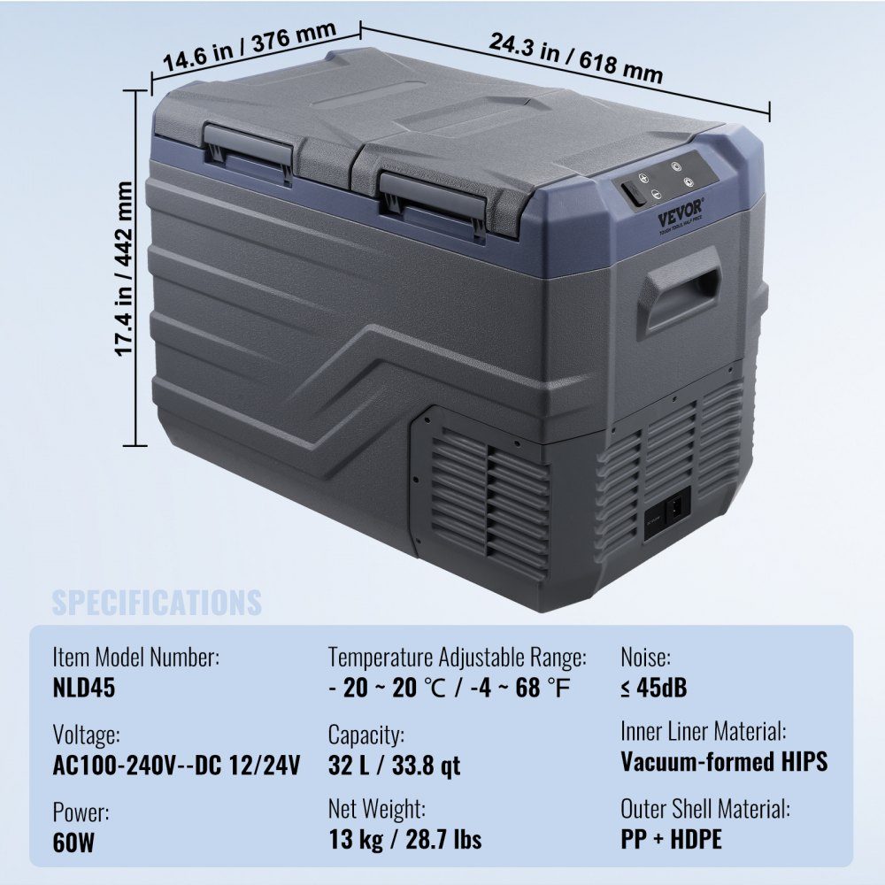 Car Fridge, 32L Portable Dual Zone Freezer, 12V Car Fridge, Adjustable Range from -4℉ to 68℉, 12/24V DC and 100-240V AC Compressor Cooler for Camping, RV