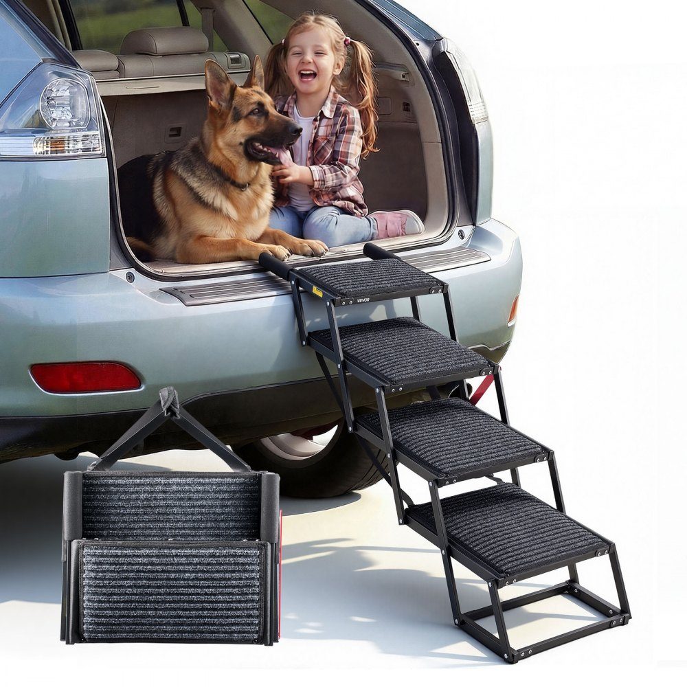 Dog stairs car foldable 4 steps, extra wide dog ramp for large dogs with soft felt carpet, portable entry aid for cars, SUVs, trucks, loft beds, sofas, load capacity up to 90 kg