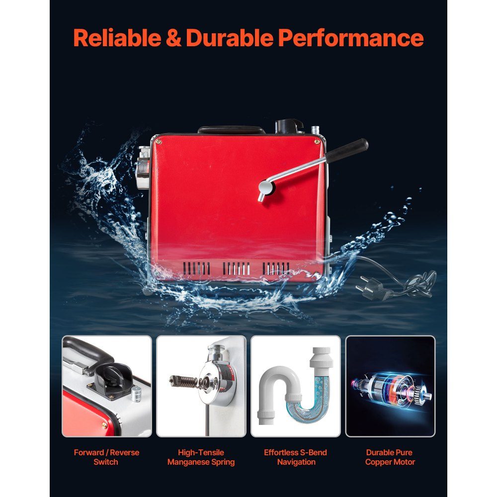 Electric Pipe Cleaning Machine 500W 1400RPM Pipe Cleaner 2pcs 20m x 16mm & 5m x 9.5mm Spring Cable 0.4m x 12mm Flexible Spring & 6 Cutters for 50-110mm Diameter Pipes