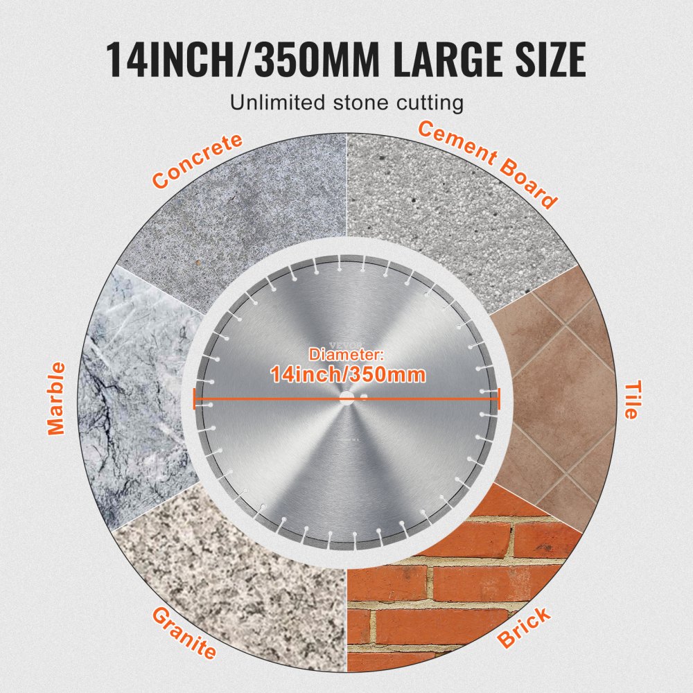 Diamond Saw Blade, 14"/350mm Concrete Saw Blade for Wet or Dry Work, 0.39"/10mm Diamond Segment Saw Blade with Flat Teeth, Universal Center Hole Diameter 1"/25.4mm, for Concrete, Cement Board, Tile, Brick