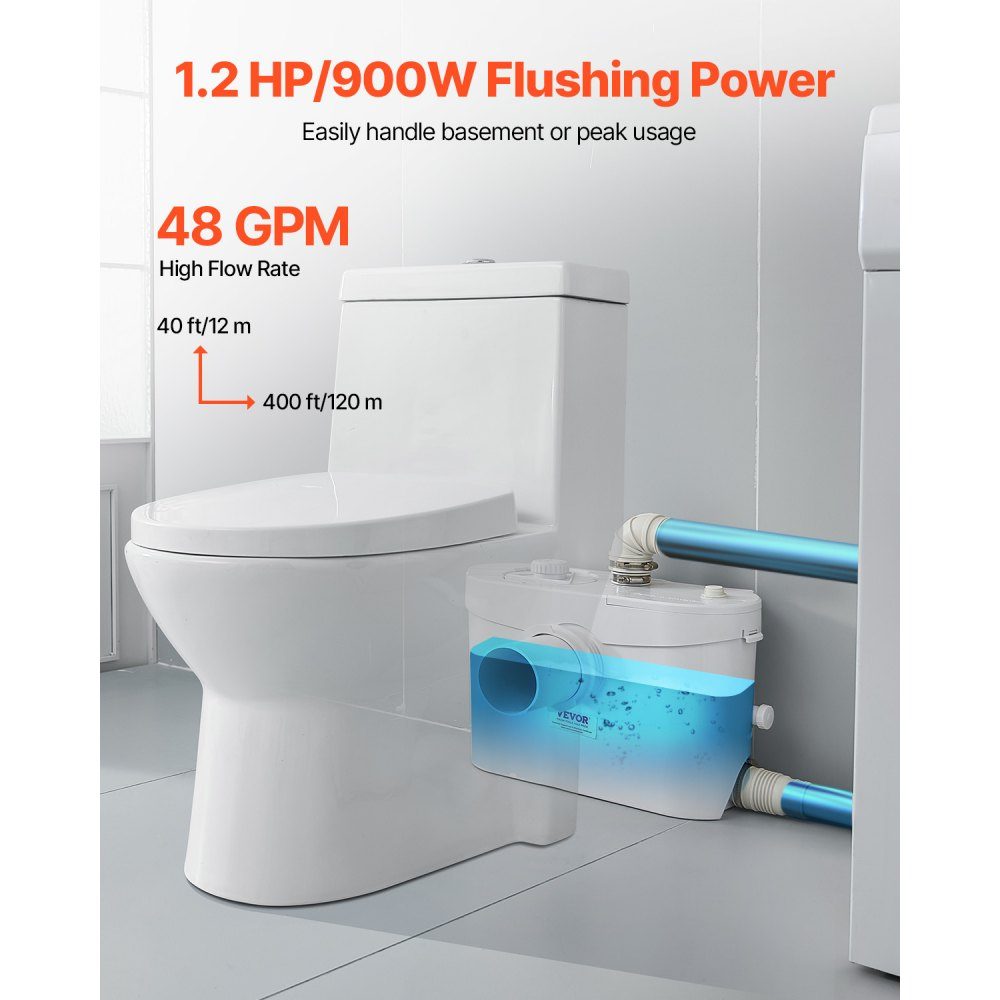 Système de relevage, 900 W, débit 180 L/min, hauteur de refoulement 12 m, système de relevage des eaux usées avec 4 arrivées d'eau, pompe eaux usées pour WC, cave, douche, lavabo, buanderie, baignoire