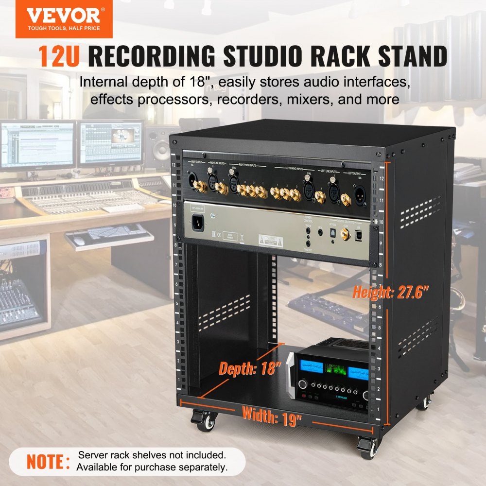 12U AV-Rack-Ständer, 500 Pfund Kapazität, Netzwerk-Stereo-Aufnahmestudio-Rack mit feststellbaren Lenkrollen, runden und quadratischen Löchern, speziellen Lüftungsschlitzen für die Montage von 19-Zoll-Audio-, Video-, Musik- und IT-Geräten