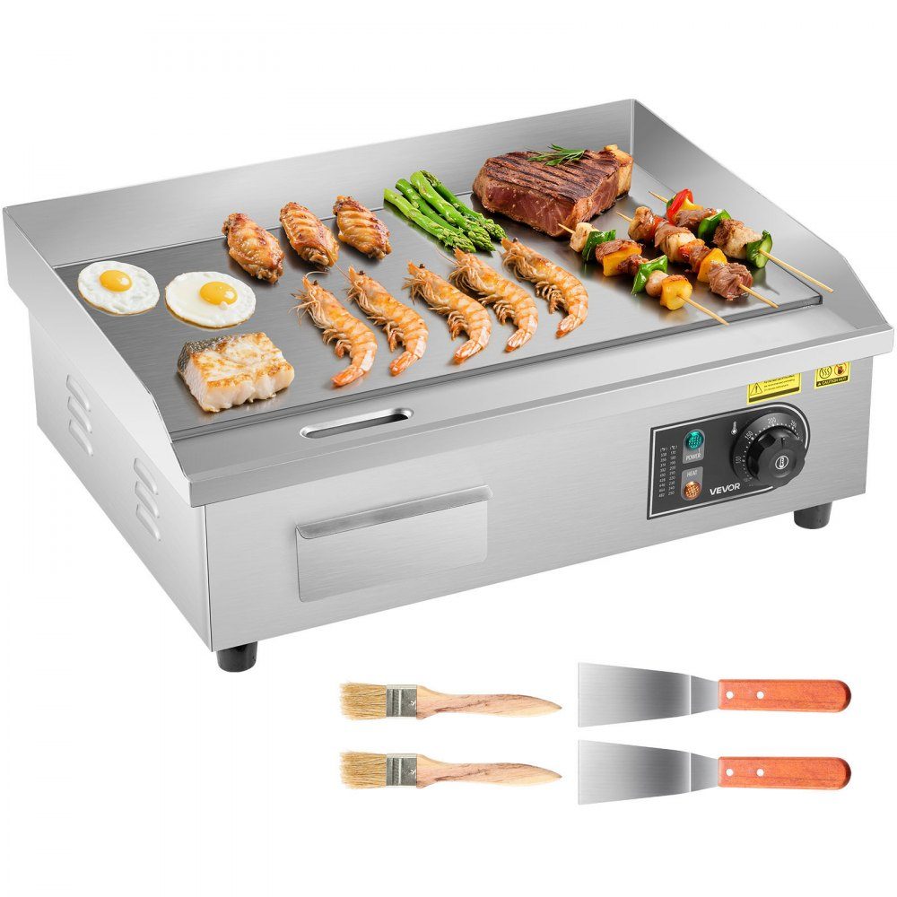 Elektrische grill commerciële grillplaat (535 x 300 mm) 3200 W met 50-300 °C instelbare temperatuurregeling, bakplaat bakplaat met 2 spatels & 2 borstels & 4 voetzolen voor steak