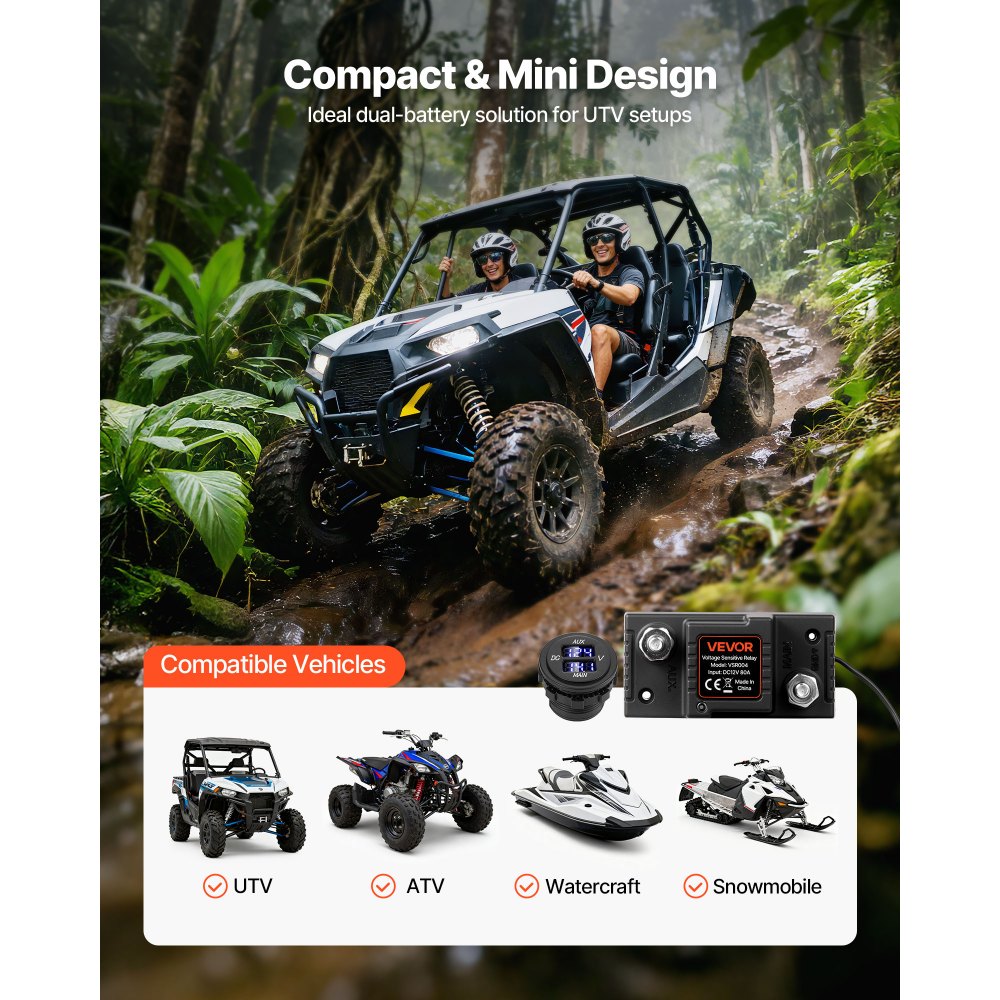 Dual Battery Disconnect Relay Kit, 12V 80A 0.6m 13.3mm² (6AWG) VSR Voltage Sensitive Relay with Voltmeter LCD Screen Battery Isolator Switch Compatible with Lead Acid Batteries for UTV ATV
