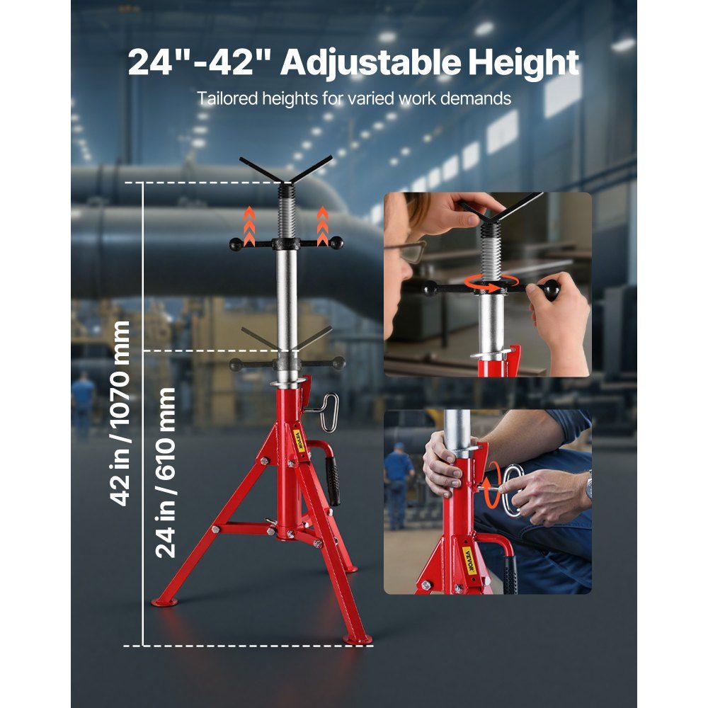 Support de tube Support de tube en acier au carbone Tête en V Capacité de charge maximale 1134 kg Support de tube Hauteur réglable de 61 à 107 cm Pieds pliables pour le transport Idéal pour les machines à fileter Rainures de rouleau