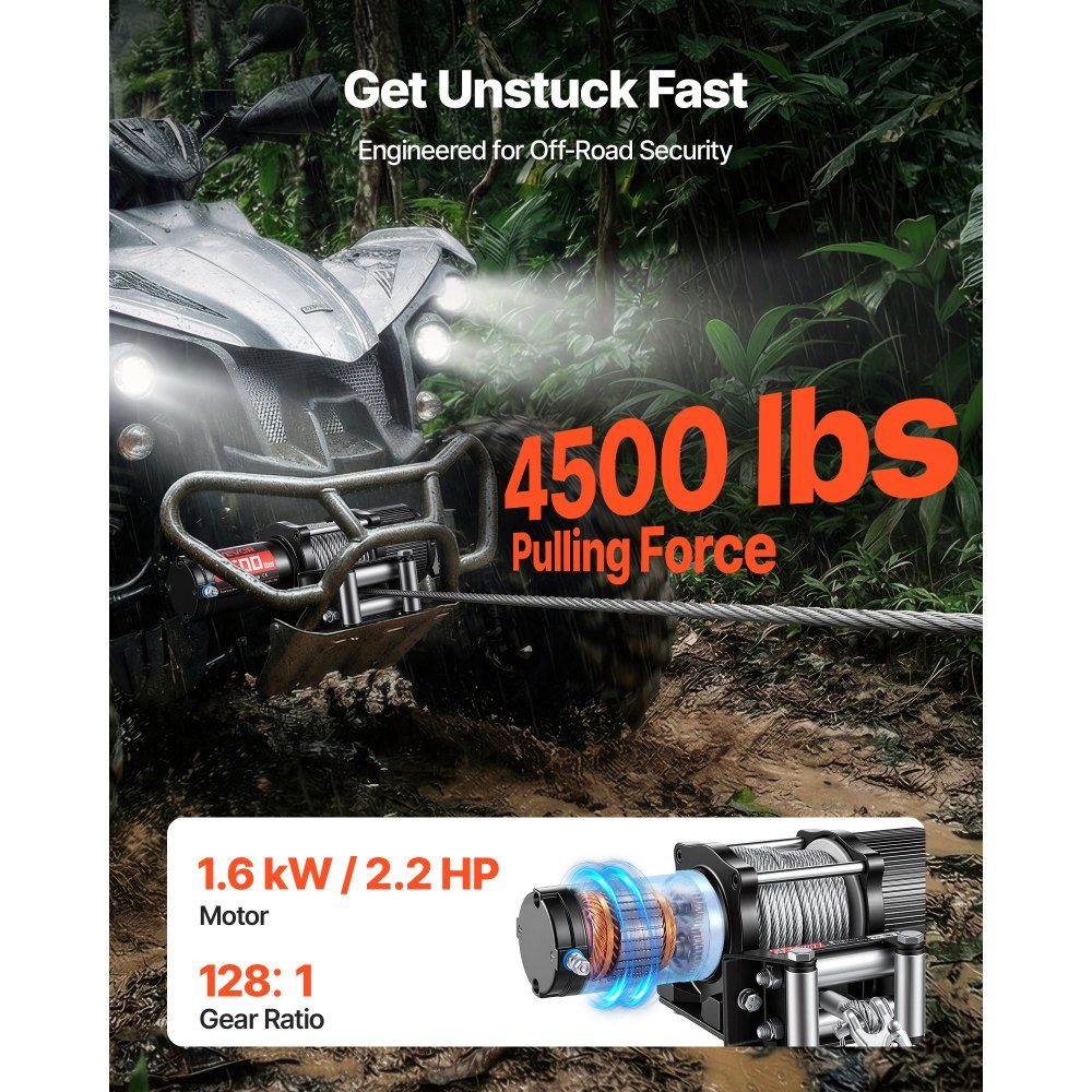 Electric Winch 2041kg 12V DC Motor Winch with Φ5.8mm x 12m Steel Cable, Wireless and Wired Remote Control, IP55 Electric Winch for Towing ATVs, UTVs and ATVs
