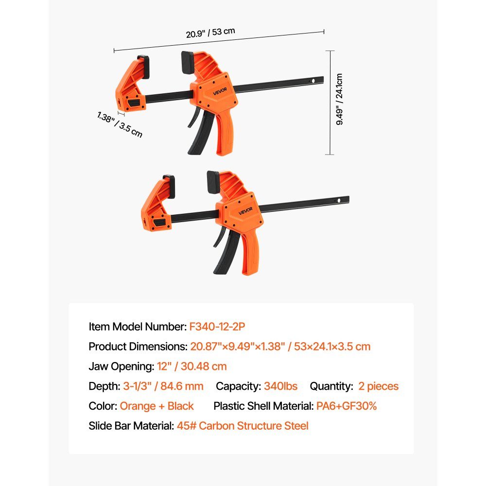Woodworking Pole Clamps 2 Pack 12" Opening Quick Grip F Clamp with 300-lb-Belastungsgrenze 3.35" Depth Plastic and Carbon Steel Metalworking Orange + Black