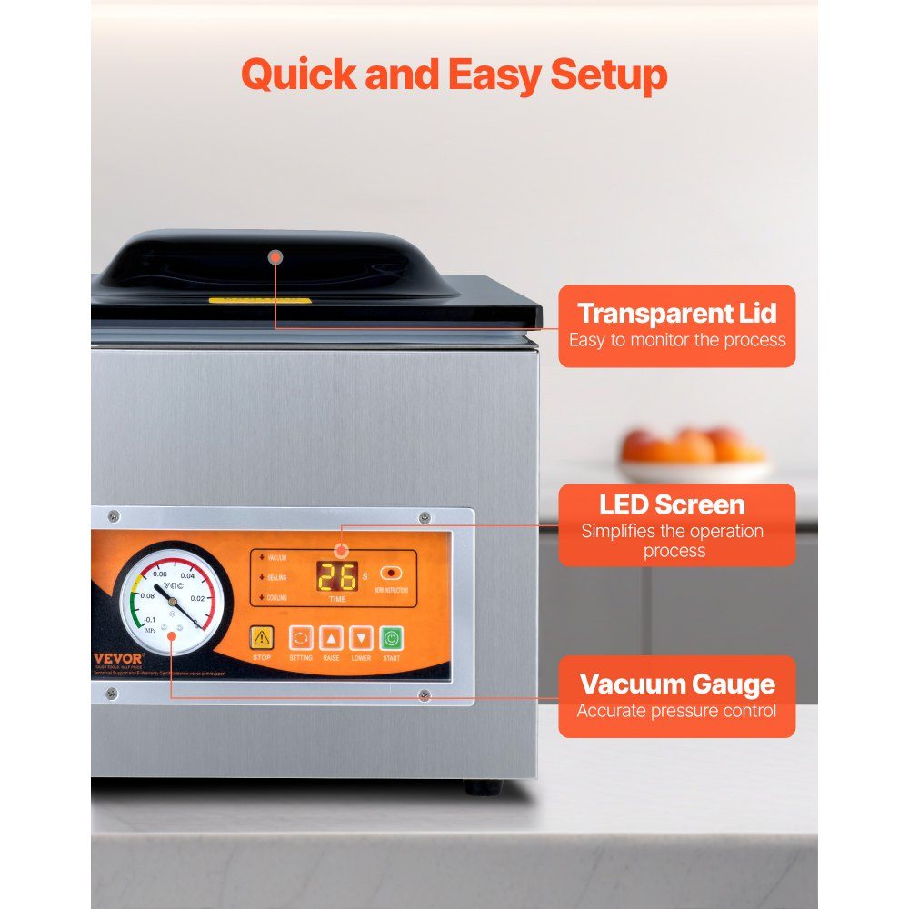 Kamervacuümmachine 260 W vacumeermachine voor vochtige gerechten, vleesmarinades enz. Compact formaat met een seallengte van 26 cm Kan worden gebruikt in particuliere keukens en commerciële ruimtes