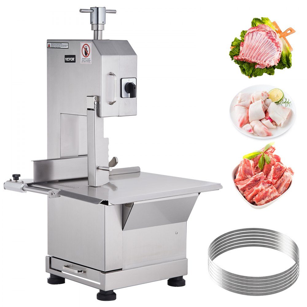 Machine commerciale de sciage d'os de viande 2200 W, machine de découpe d'os de 1000 kg/h, machine de découpe d'os de viande congelée, scie à os d'épaisseur réglable de 0 à 180 mm, table de travail de 470 x 530 mm