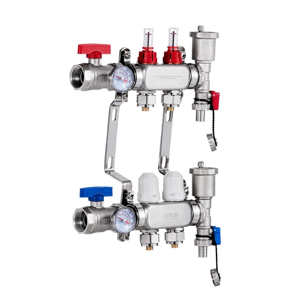 Wärmeverteiler mit 2 Zweigen, 1/2-Zoll-PEX-Rohrverteiler, PEX-Verteiler aus Edelstahl für hydronische Fußbodenheizung, Wärmeverteilungs-PEX-Verteiler-Kit mit 1/2-Zoll-Adaptern im Lieferumfang enthalten