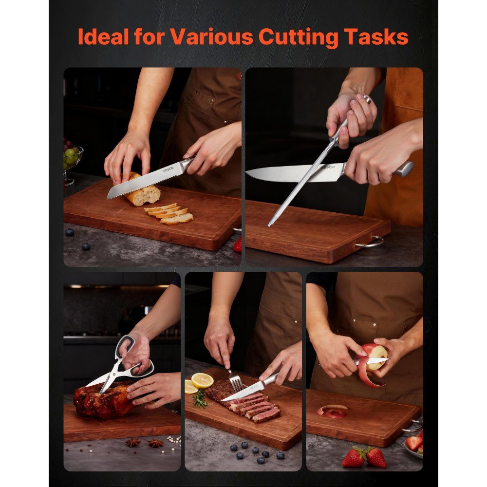 Kitchen knife set with knife block (wood) & sharpening steel, 15 pieces. Knife set of sharp knives made of high carbon stainless steel, kitchen cutlery with ergonomic handle, for home cooks